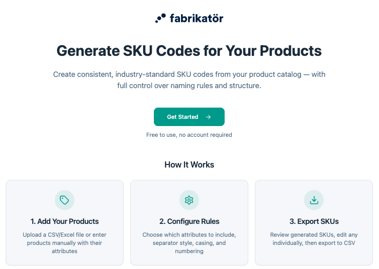 SKU Generator Free Tool by Fabrikatör