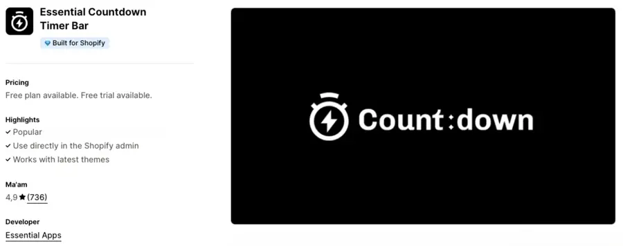 Image showing The Essential Countdown Timer Bar  as an efficient timer app for Shopify Black Friday and Cyber Monday.
