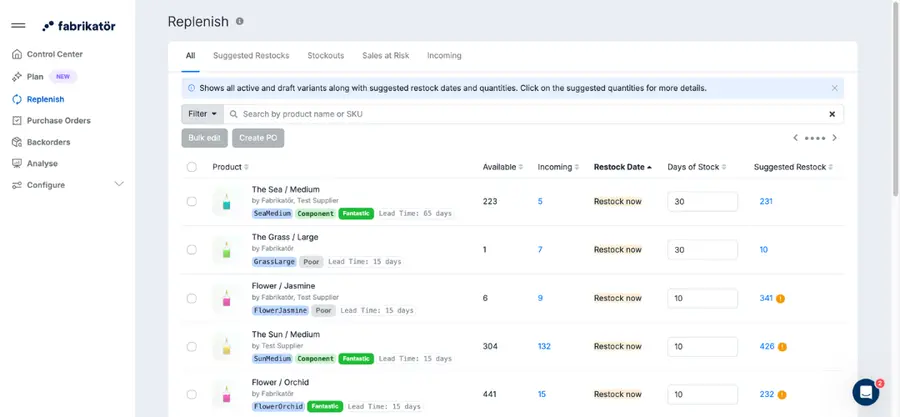 Fabrikatör Inventory Planning Shopify app's replenishment dashboard
