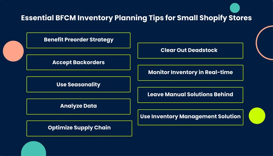 Image showing key BFCM inventory planning tips for small Shopify stores.