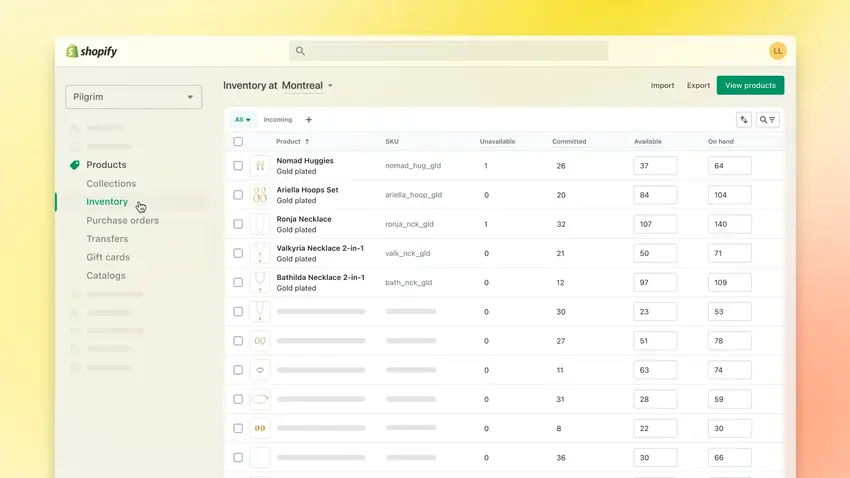 Image of inventory screen of Shopify.