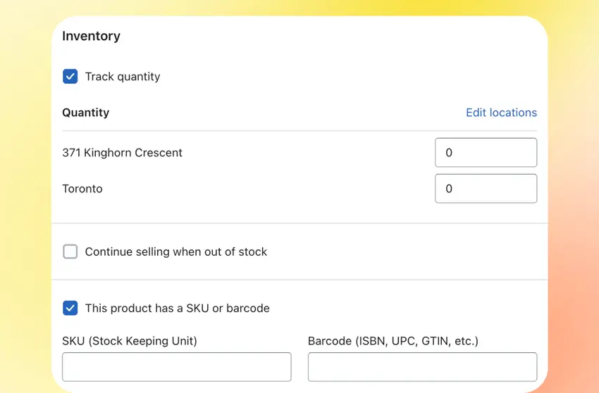 Image of inventory tracking screen of Shopify.