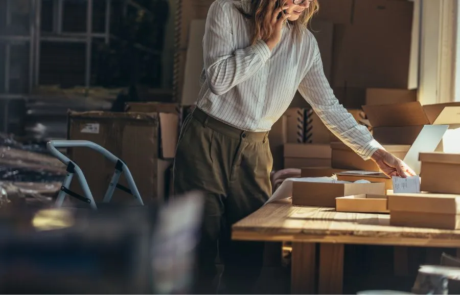 An employee talking on the phone in a warehouse.