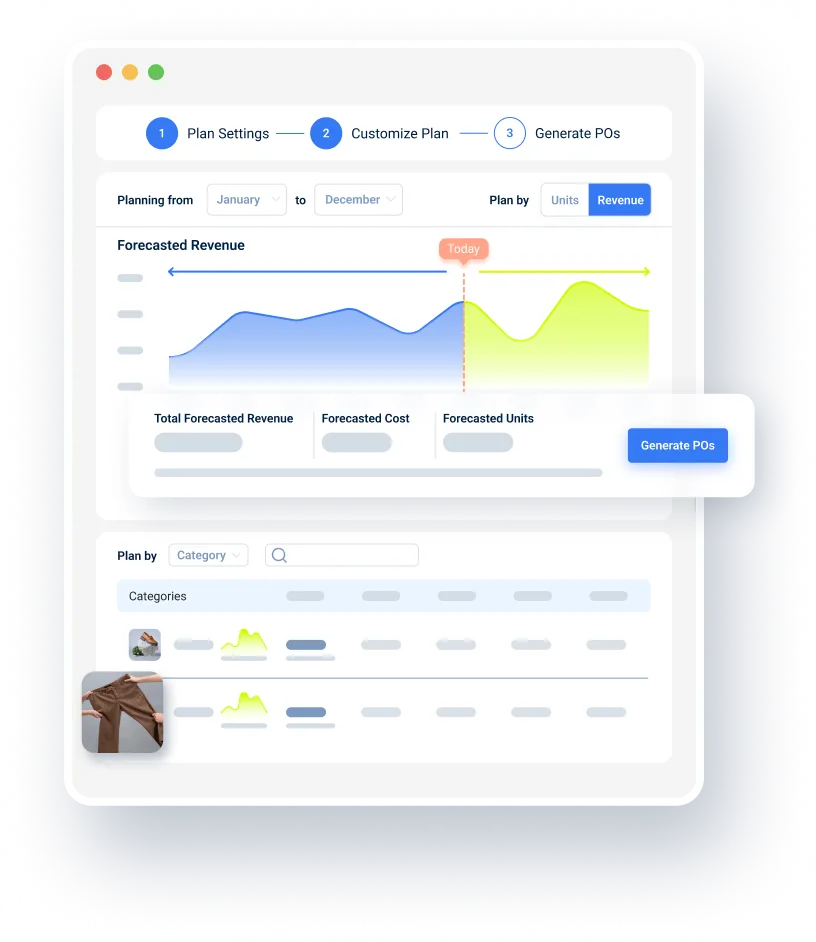 An image showing the steps of Fabrikatör app when managing inventory from making plans to generate purchase orders.