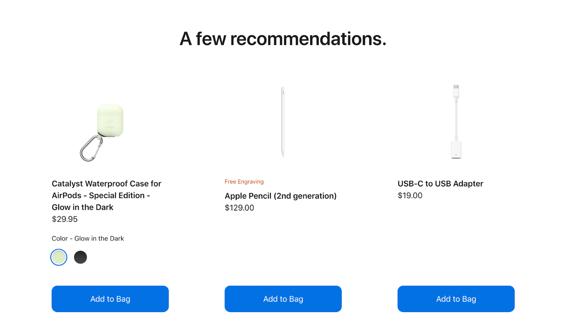 Apple's website screen showing purchase recommendations.