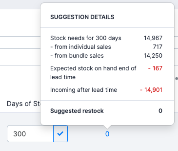 An image showing one the of the pages of Fabrikatör including suggested restock details.