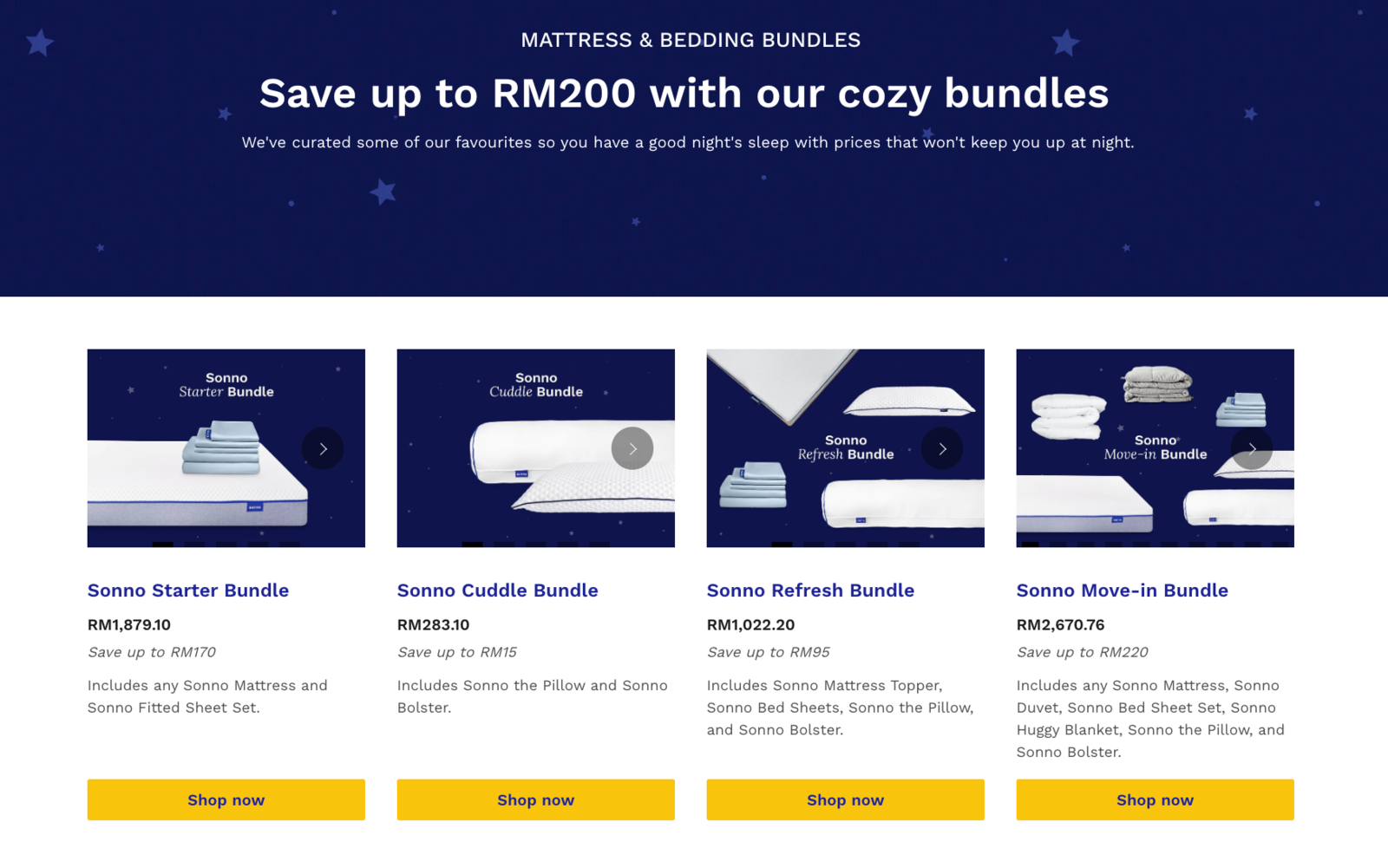 A matress manufacturer web page, includes bundle examples.