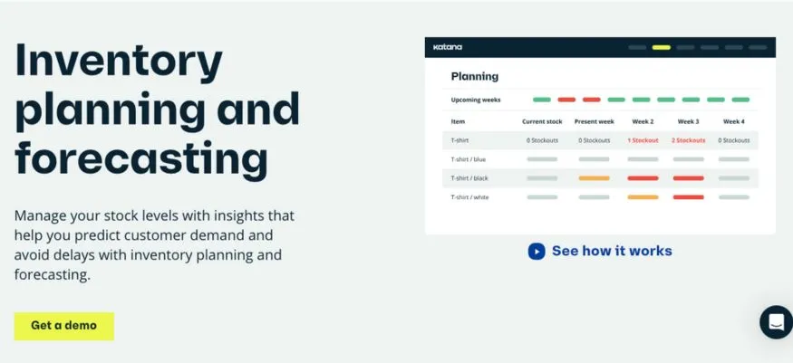 Katana Inventory App's inventory planning and forecasting page.