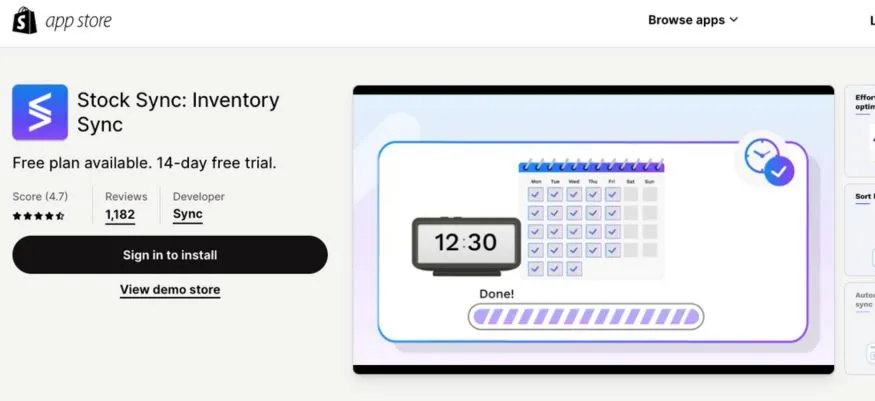 Stock Sync App's Shopify store's screen.