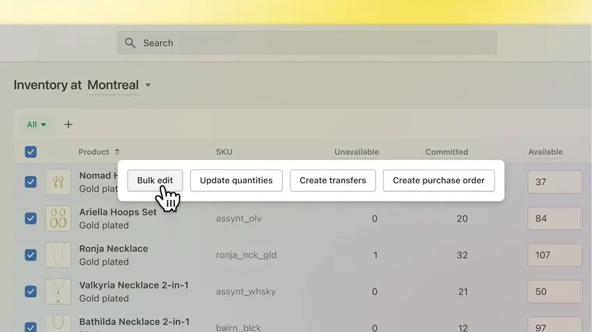 An image showing the bulk edit screen of Shopify.