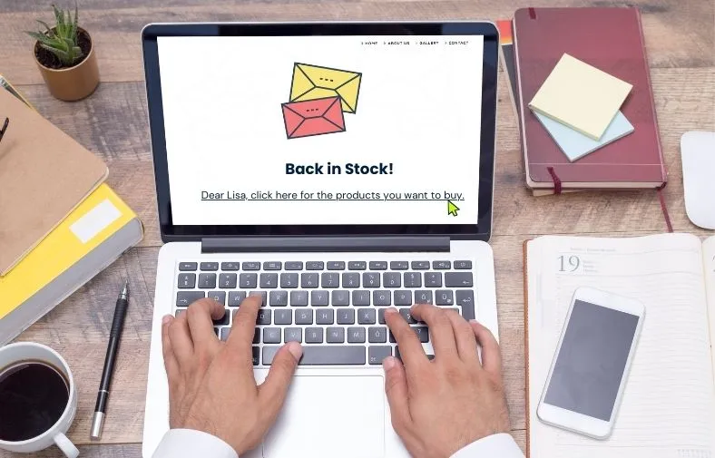 An image showing back in stock notification on a laptop.